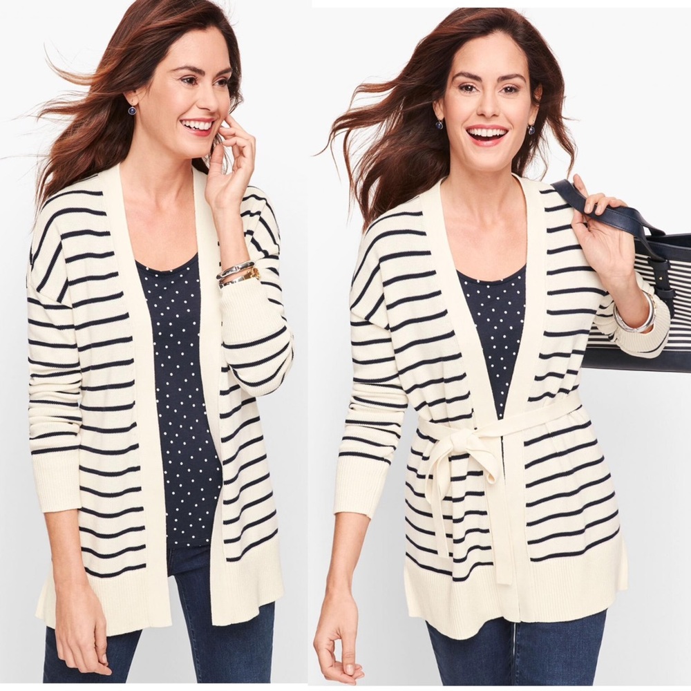 Talbots Stripe Belted Cardigan in Ivory/Indigo Blue Pima Cotton